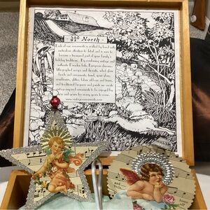 Vintage Easter ornaments in wooden box.